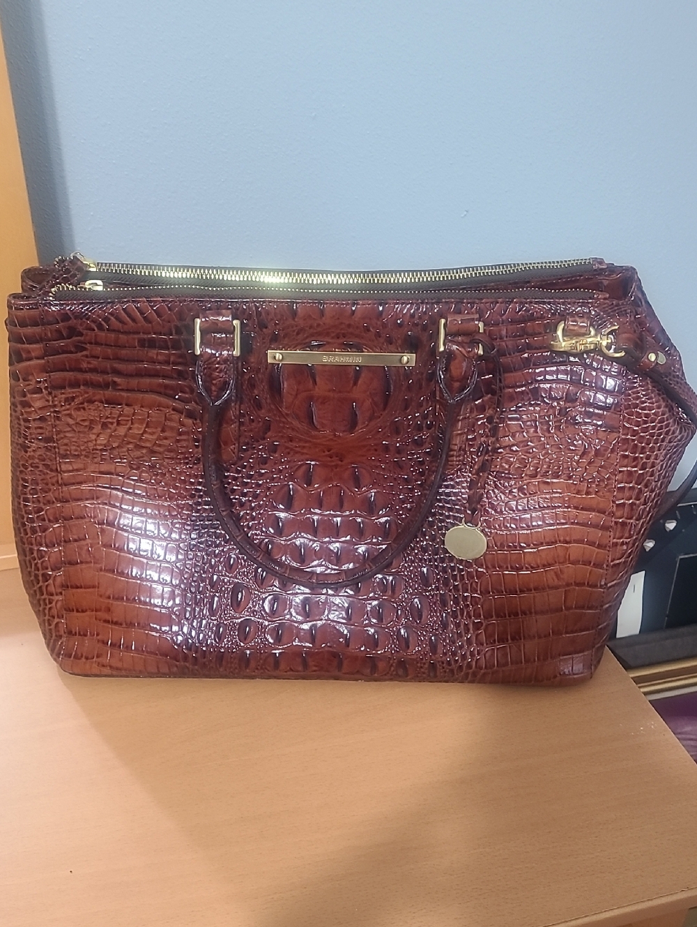 Brahmin Cognac Croc-Embossed Satchel with Gold Hardware